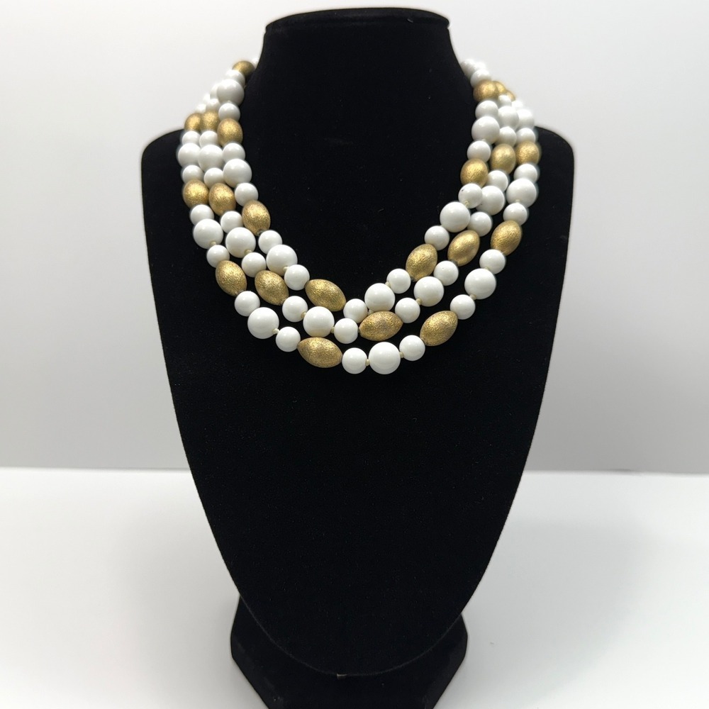 VTG Three Strand Statement Necklace Gold White Glass Bead Elegant Jewelry 8 in L